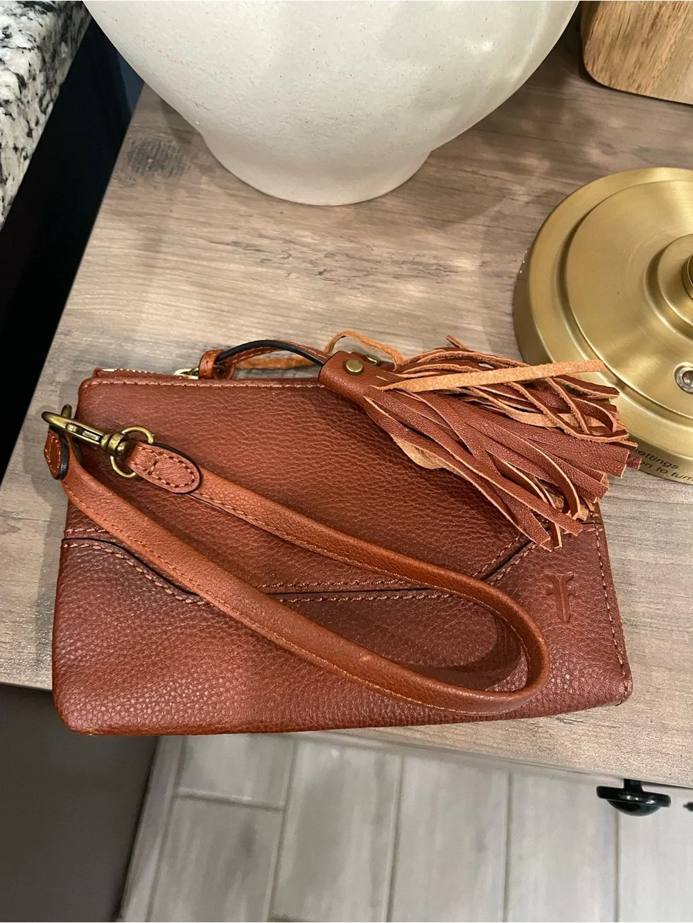 Frye Brown Leather Wristlet with Tassel